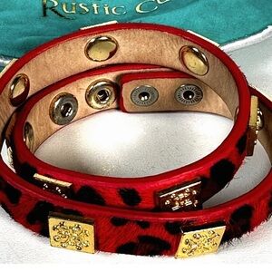 Rustic Cuff Brown Red Calf Skin Double Leather Wrap Gold Tone With Bag & Pouch